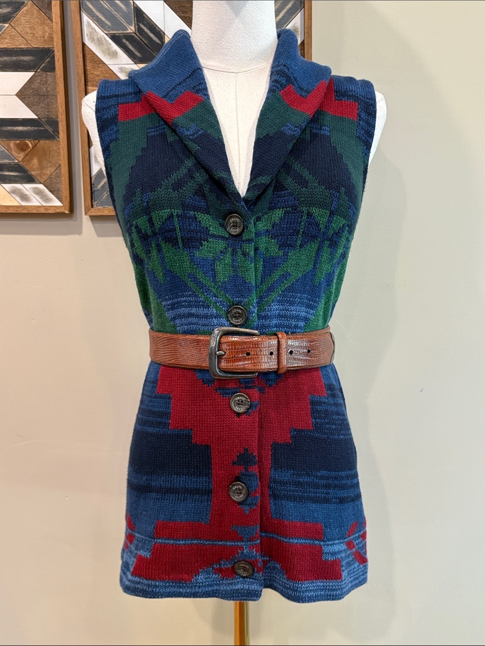 Vintage Chaps Ralph Lauren Southwestern Aztec Tribal Cardigan Sweater Vest Small